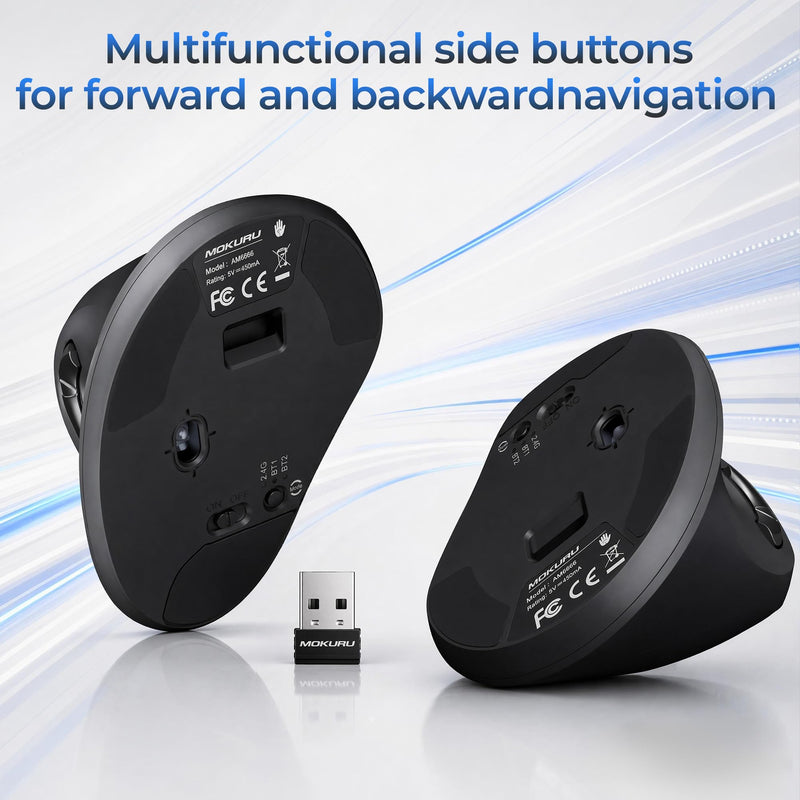 MOKURU Wireless Ergonomic Mouse, Supporting Bluetooth/2.4G Connection, Featuring 4 Buttons, Adjustable DPI Settings of 1000/1600/2400, Compatible with Windows/macOS, Laptops, Desktop Computers (Black) Black
