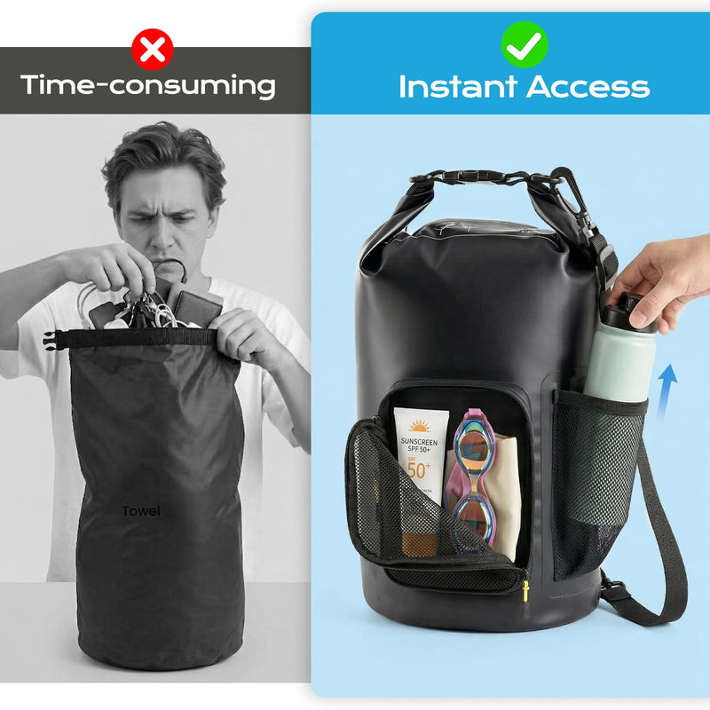 20L Waterproof Dry Bag with Bottle Holder & Mesh Pocket, 500D PVC Tarpaulin Roll Top Dry Sack with Inner Waterproof Adsorption Film, Large Dry Storage Bag for Kayaking, Camping, Beach, Boating Black - [Wirh Phone Pouch] 20L