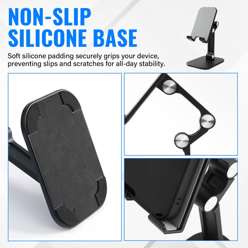 Foldable Desk Phone Stand, Adjustable Phone Holder, Heavy Non-Slip Base, Charging Hole, Thick Case Friendly Cradle for Most Smartphones, iPhone Samsung iPad Tablet Home Office Travel