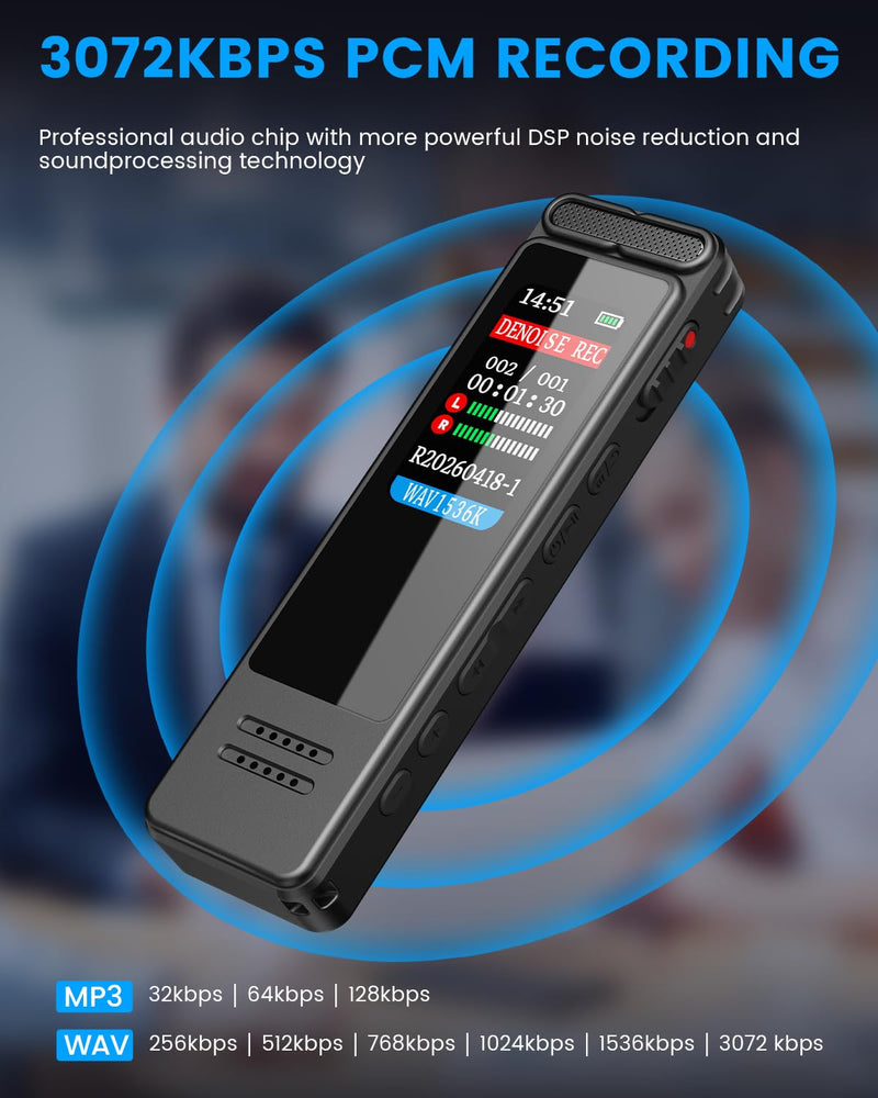 Digital Voice Recorder, Portable Audio Recorder with Built-in Speaker, Voice Activated, WAV, A-B Repeat & Password Protection – Ideal for Meetings, Lectures & Interviews