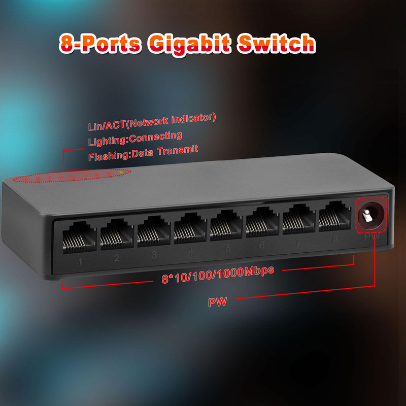 8 Ports Gigabit Ethernet Switch Unmanaged, Network Switch Supported Desktop or Wall Mount,1000Mbps Ethernet SplitterPlug & Play|Fanless Design|Shielded Ports|Traffic Optimization 8 Port丨8x 1000Mbps Gigabit Port