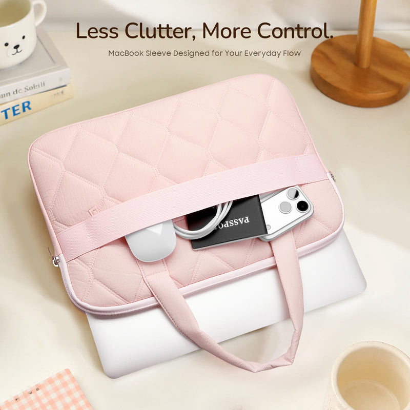 Fintie Sleeve Case for MacBook Neo A18 Pro, Air 13 Inch, Pro 13/14 Inch | Quilted Diamond Puffer Laptop Carrying Case with Luggage Strap, Pocket, Soft Handles, Blush Pink