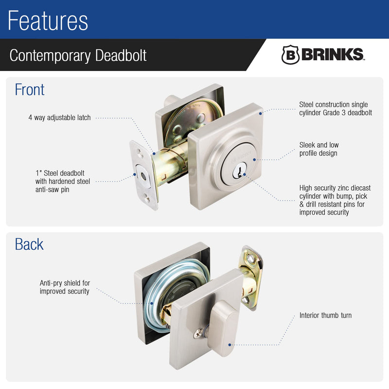 BRINKS – Exterior Deadbolt Front Door Lock – Single Cylinder Square Keyed Entry – Home & Residential Security – Satin Nickel Finish (Pack of 1)