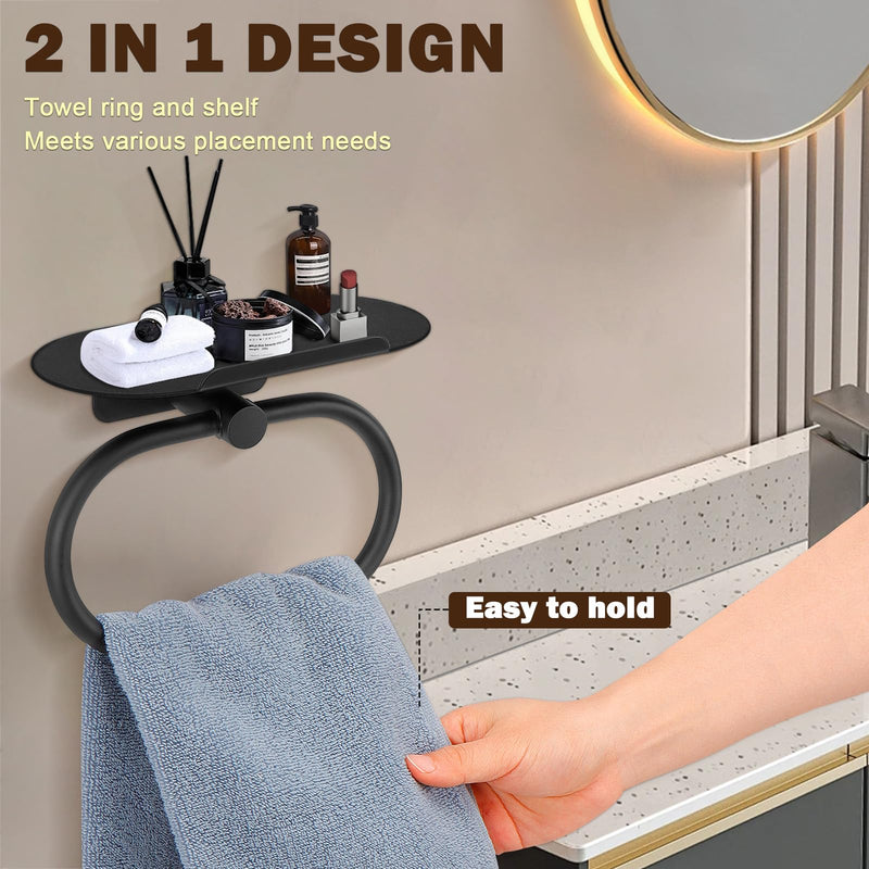 Hand Towel Ring with Shelf, Stainless Steel Hand Towel Holder, Heavy Duty Bath Accessories, Wall Mounted Towel Hanger for Bathroom Kitchen (Matte Black) Matte Black