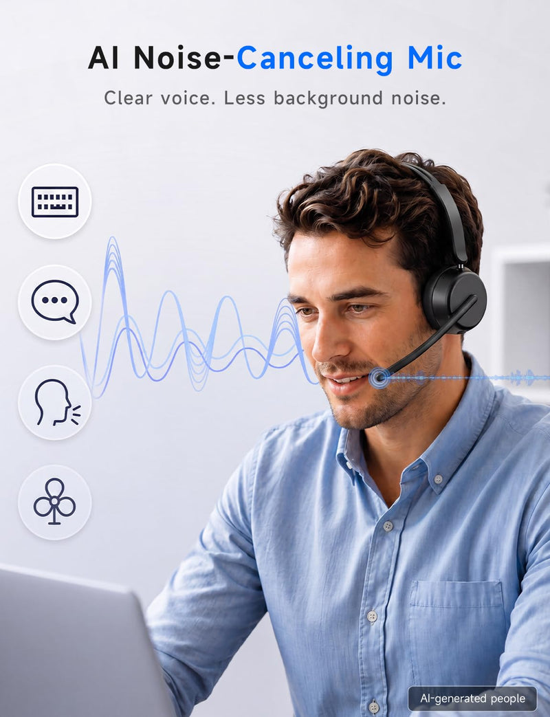 AOC Wireless Headset with Mic for Work, Bluetooth 5.4 Headphones-Dark Black | AI Noise-Canceling Mic for Clear Calls, Computer Headset with Mic Mute & USB A/C Dongle for PC, Computer, Laptop Dark Black