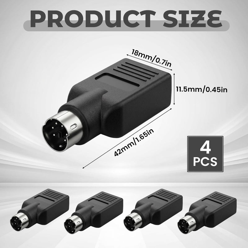 4-Pack PS/2 to USB Adapter, Black Male to Female Keyboard Adapters | PS2 Converter USB A Plug Replacement for Keyboard Mouse Desktop PC Laptop Notebook