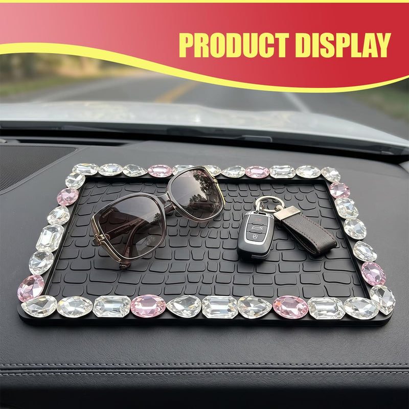 Craedli Bling Car Dashboard Anti-Slip Mat, Non-Slip Sticky Pad for Keys and Cell Phone, Rhinestone Vehicle Dash Decoration Accessories for SUV and Truck (White&Pink) White&Pink