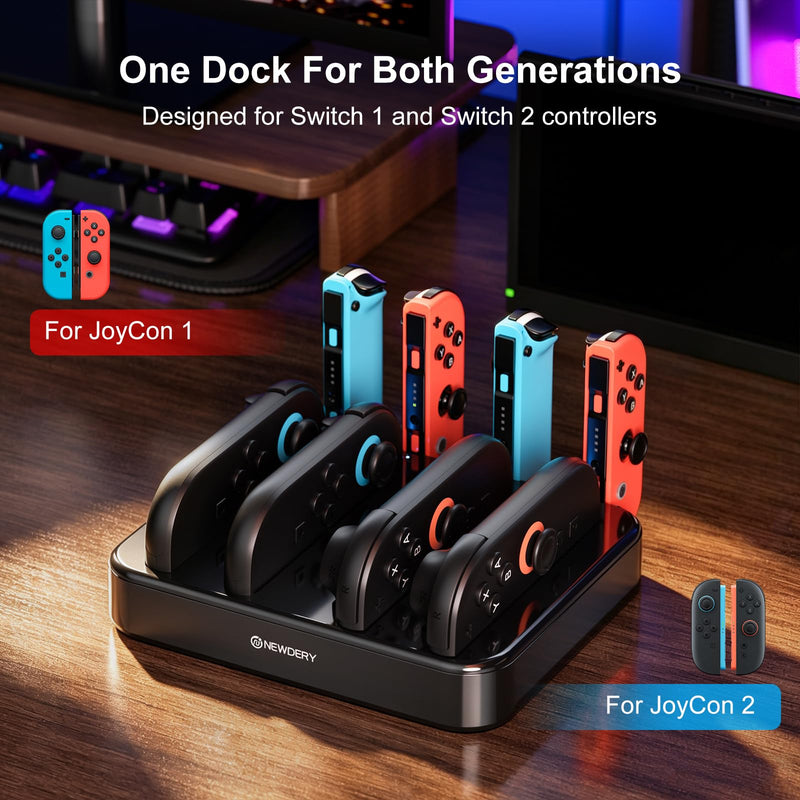 NEWDERY Controller Charger for Nintendo Switch 1/2 Joy Con, Charging Dock | 8 in 1 Fast Charging Station | Magnetic Snap | USB C Cable | LED Indicators | Organizer Stand Accessories | for Joy Con 2/1