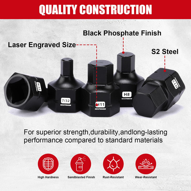 MIXPOWER 27-Piece 3/8" Drive Stubby Impact Hex Bit Socket Set,SAE/Metric, 5/32"-11/16",4mm-17mm, S2 Steel Air Drive Low Profile Allen Socket Set,Impact Grade,Anti-Roll Design 27 PCS 3/8"Drive:5/32"-11/16",4-17mm