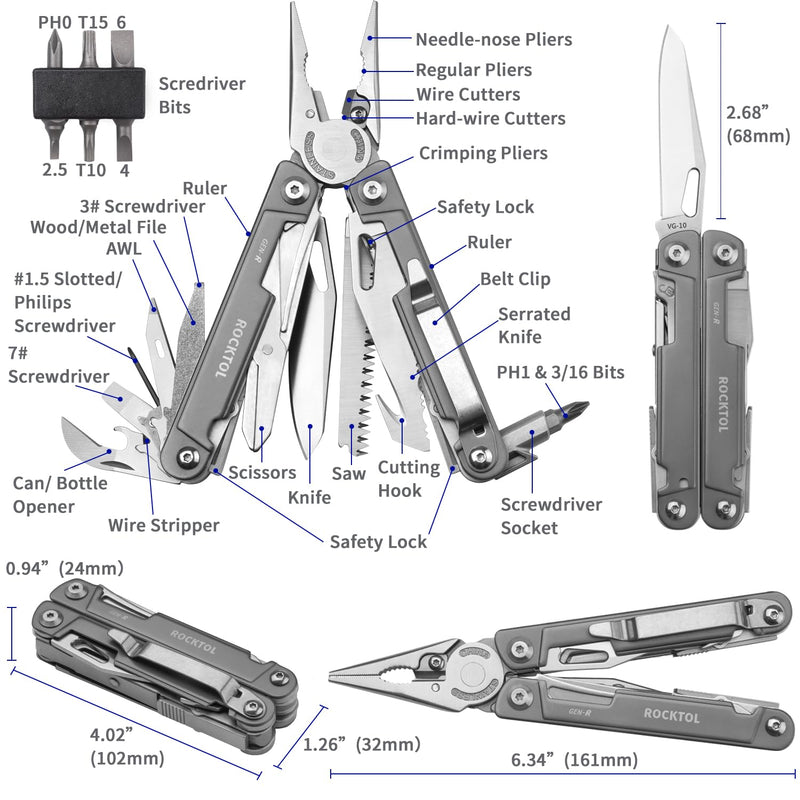 ROCKTOL Multitool Pliers, EDC Multitool Pocket Knife VG10 Blade, 27-in-1 Multi-tool with Titanium-plated Handle, Precision Screwdriver, Gut Hook for Hunting, Backpacking, Hiking, Camping, (Gen-R) VG-10 Knife Blade