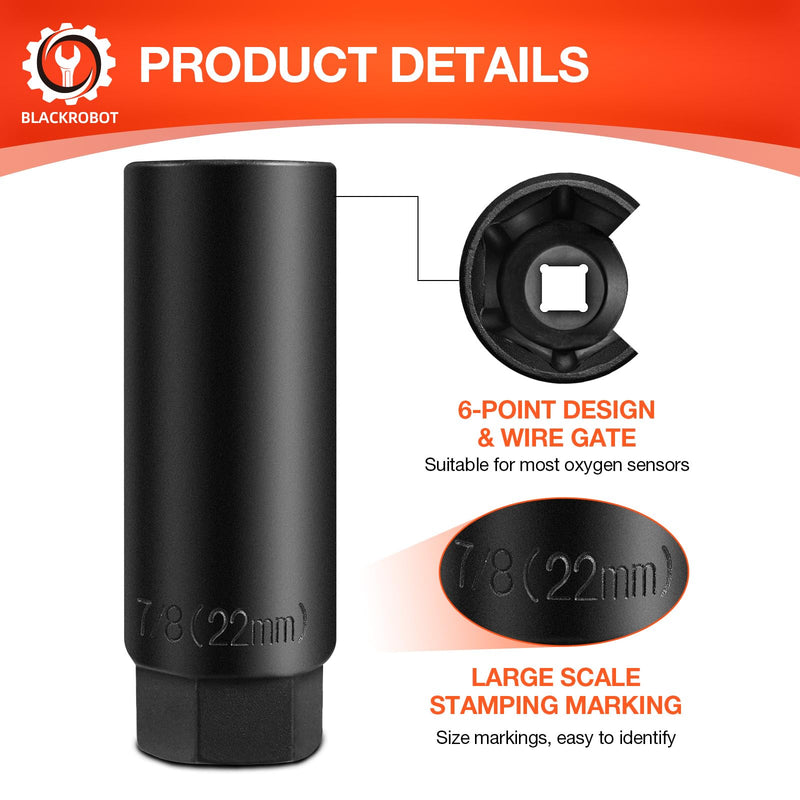BLACKROBOT 3/8" Drive x 7/8" (22mm) Oxygen Sensor Socket CR-V Steel with Side Wire Cutout, O2 Sensor Remover and Installation, Tool for Vehicles, Car Repair Accessories