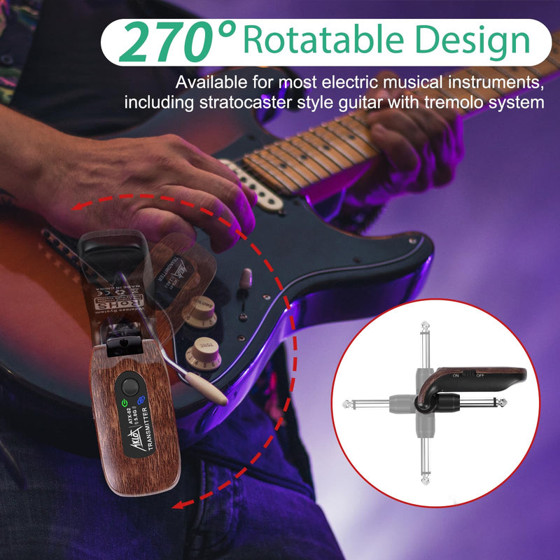 AKLOT Wireless Guitar System Transmitter Receiver Set 5.8GHz Built-in Rechargeable Lithium Battery Digital for Electric Guitar Bass Brown