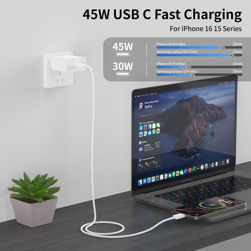 iPad Charger Fast Charging, 45W USB C Wall Charger Block + 10FT Cable | USB C Cable for iPad Pro 13/12.9/11 inch, iPad A16 11th/10th, iPad Air 13/11 inch M4/M3/M2/5th/4th, iPad mini 7/6, New iPhone White2-45W 10FT-C