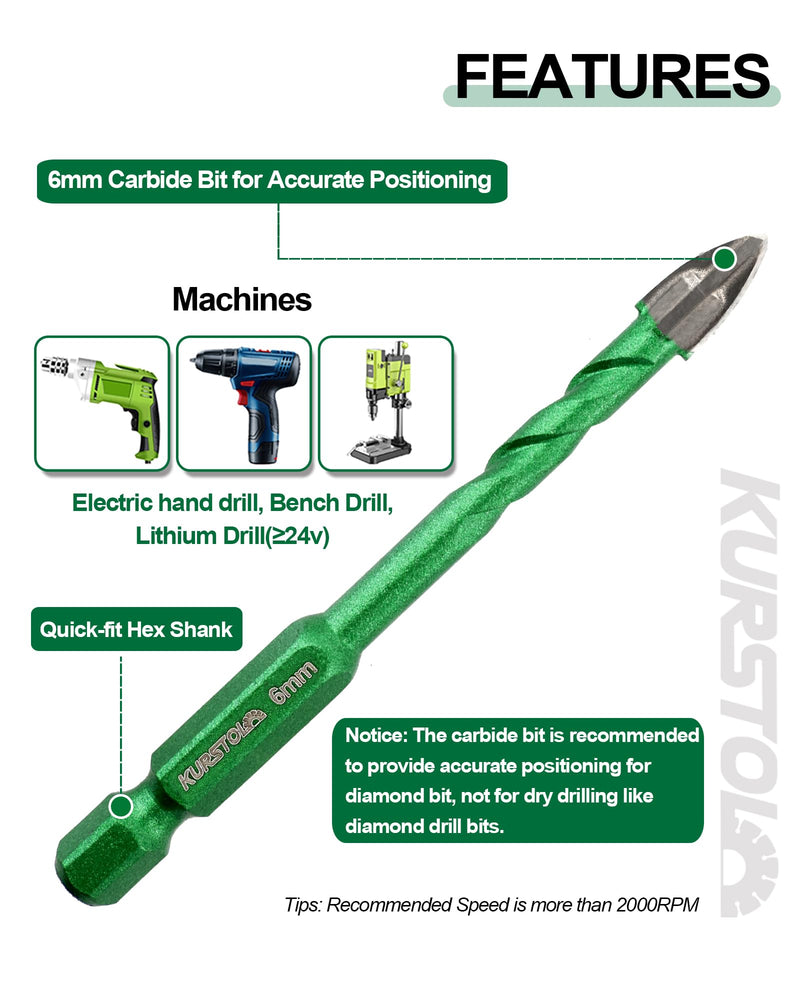 Diamond Drill Bits Set 12pcs, 3/16" - 3/8" Tile Drill Bit with PH2 Screwdriver Bit for Porcelain Tile Ceramic Stone Granite Marble, Quick-fit Hex Shank 5/6/6/8/10mm+5/6/6/8/10mm+Screwdriver 12