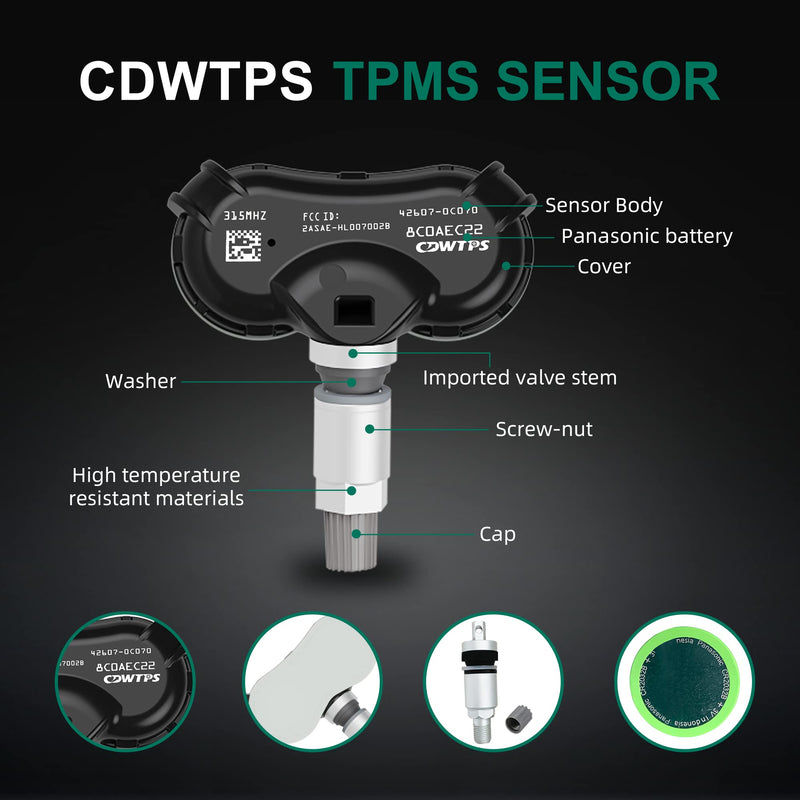CDWTPS TPMS Sensor fit for Toyota Sienna 2007-2020, Sequoia 2008-2017, Tundra 2007-2017,4pcs 315MHz Tire Pressure Monitor System OE# 4260708010 426070C050 426070C060 426070C070 426070C080
