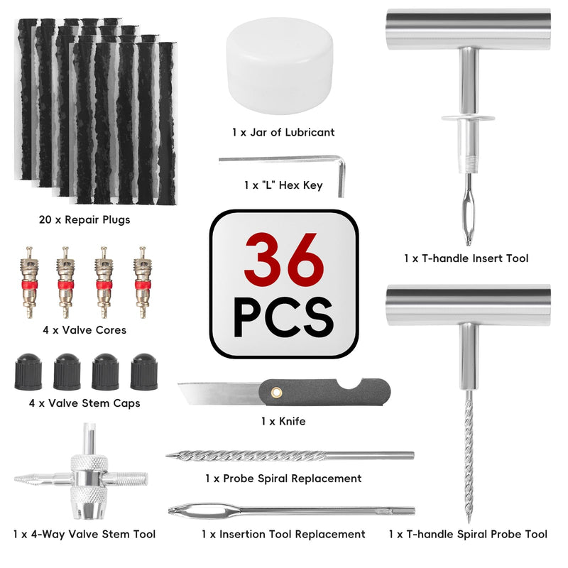 PINKJOY Tire Plug Kit with Plugs 36 Pcs for Car, Motorcycle, ATV, Jeep, Truck, Tractor Flat Tire Puncture Repair Tools