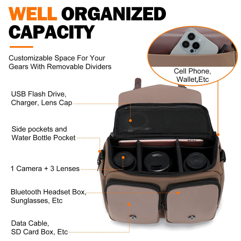 Cwatcun Large Camera Messenger Bag, Waterproof Crossbody Case with Tripod Holder Brown L