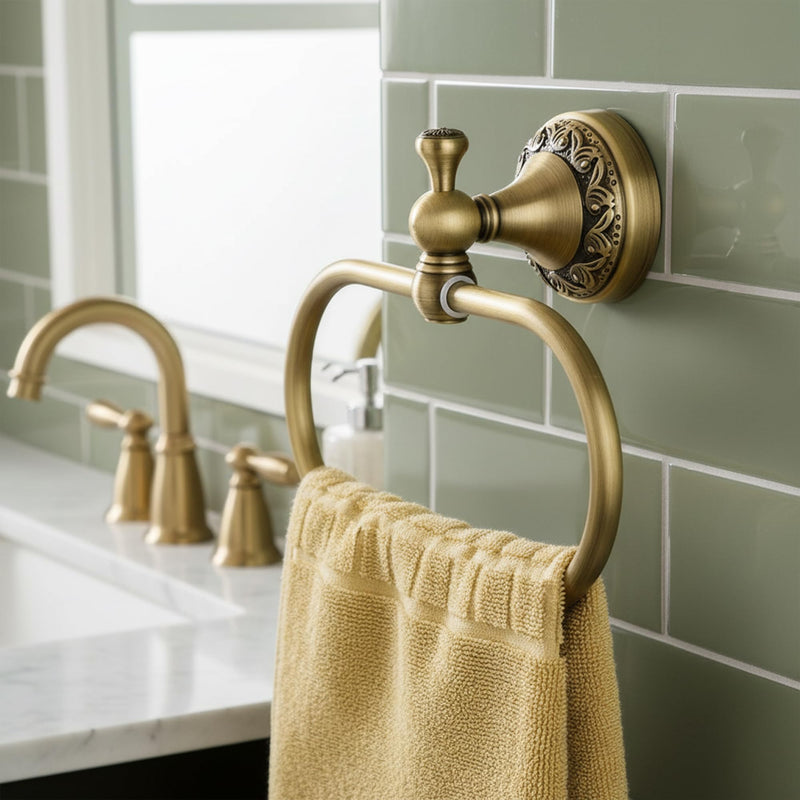 Flybath Oval Towel Ring Antique Brass Exquisite Pattern Carving Hanger Hand Towel Holder for Bathroom Kitchen Accessories Wall Mounted, Brushed Bronze Brushed Bronze (Antique Brass)
