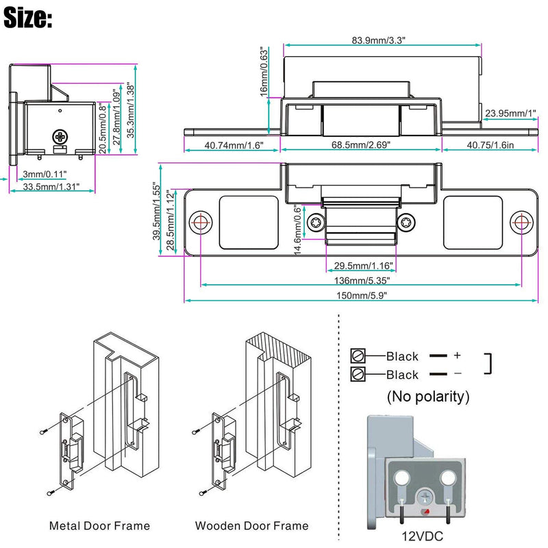 UHPPOTE Electric Door Strike Lock Fail Safe 12VDC for Access Control System | Zinc Alloy for Wooden Metal Doors