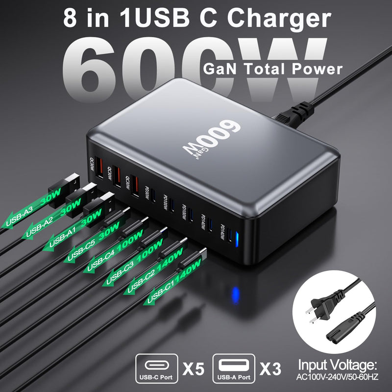 600W USB Charging Station,8-in-1 Multiple USBC Charger Block,Dual PD 140W Laptop Fast Charger Adapter,Multiple Devices Hub Compatible with MacBook Pro/Air,DELL,iPhone15/16,GalaxyS24/S23 and More