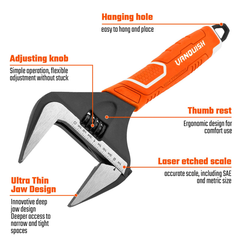 VANQUISH 12 Inch Adjustable Wrench, 2-3/8” Wide Jaw Opening Plumbing Wrench, CR-V Steel, SAE and Metric Scale Marked, With Comfort Grip Handle and Hanging Hole (3154) 12-Inch