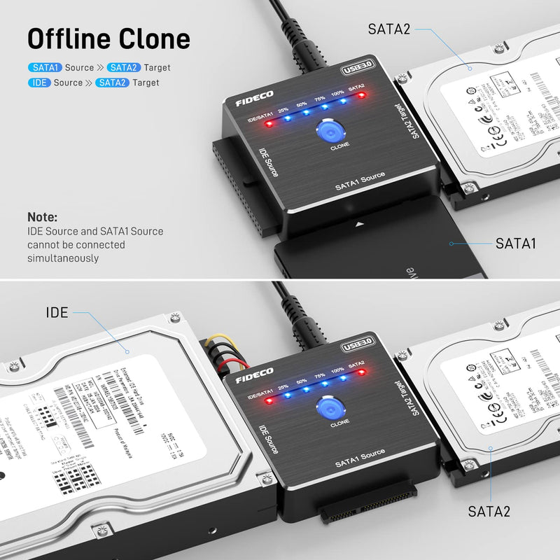 FIDECO SATA/IDE to USB 3.0 Adapter, Hard Drive Adapter Cable for Universal 2.5/3.5 Inch IDE/SATA External HDD SSD, 5.25-Inch DVD-ROM/CD-ROM/CD-RW, Offline One Touch Clone, Support 16TB (Cable PL06) SATA/IDE Cable PL06