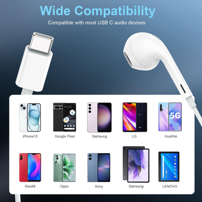 USB C Earbuds for iPhone 17 16 15, 2 Pack Wired with Mic and Remote | USB-C wired earbuds 2-pack with mic and remote for iPhone 17/16/15 and Galaxy, noise isolating for clear calls and sound.