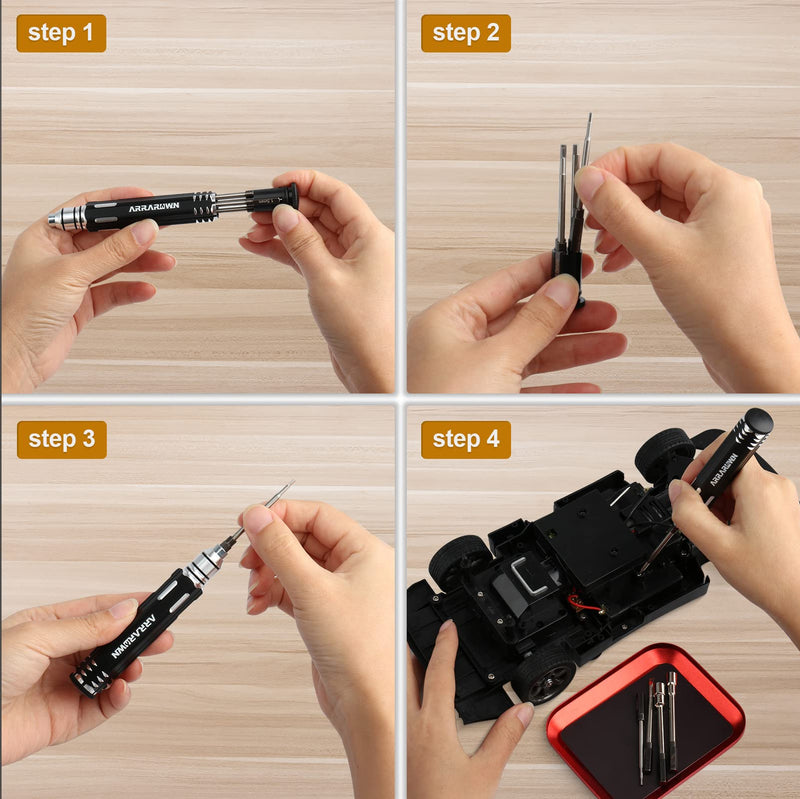 10 in 1 RC Model Repair Tools Kit with 1.5/2.0/2.5/3.0/4.0/5.5mm Hex Screwdrivers Wrench Phillips & Slotted Screwdriver, Metal Tray for RC Cars Helicopter Drone Boat Black With Red Tray