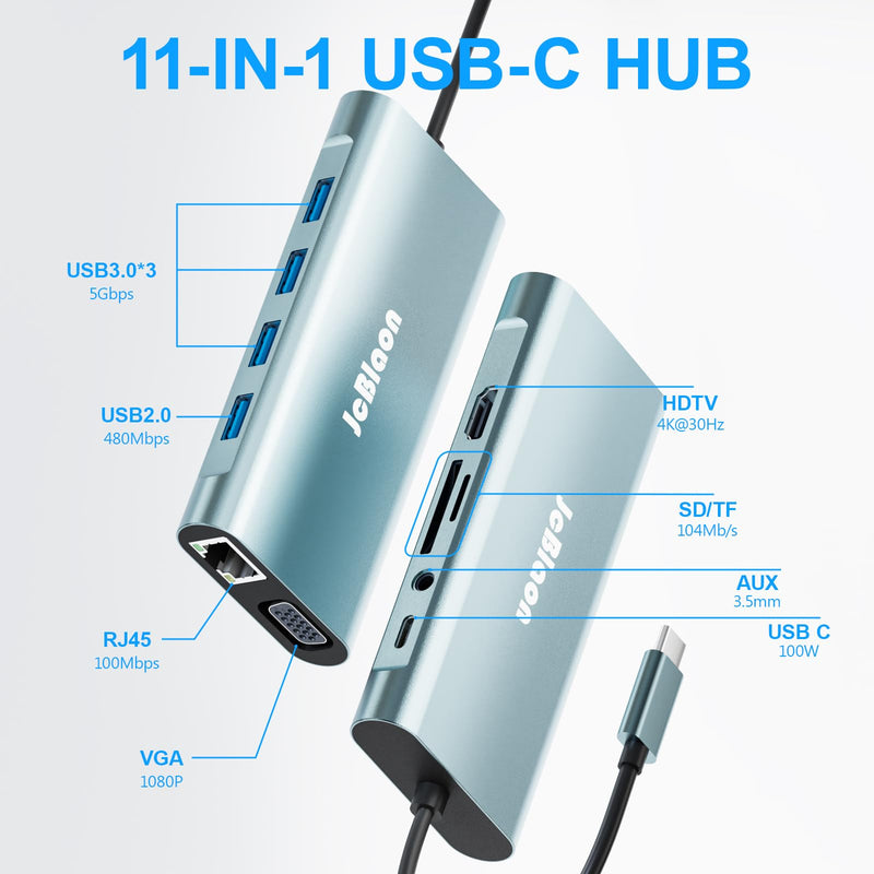 11-in-1 USB C Docking Station with 4K@30Hz HDTV, 1080P VGA, Gigabit Ethernet, 87W PD, 3 USB 3.0 *1 USB 2.0 Ports, SD/TF Card Reader, 3.5mm Audio Jack, Compatible with MacBook Pro/Air, iPad Pro