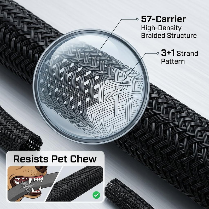 Cable Management Sleeve 10ft, Cat & Dog Chew Resistant Cord Protector, Black