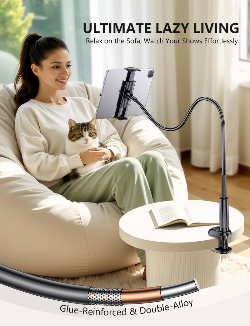 Gooseneck Flexible Arm Tablet Stand, Fit Kindle Holder for Bed | [Reinforced Anti-Break Base] [Fully Adjustable] iPad Kindle Mount Compatible with Switch, Galaxy Tab & 4.7-13" Device Dark Black