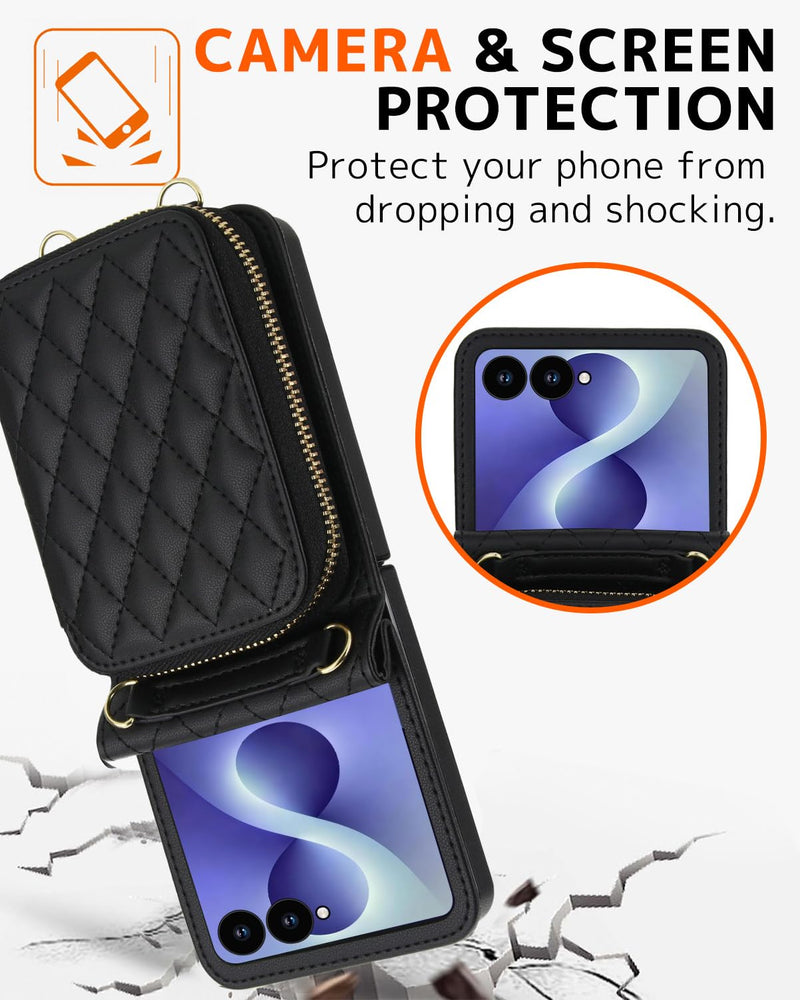 NINKI Hand Strap for Samsung Galaxy Z Flip 8 Case Wallet with Card Holder, Cute Shockproof Leather Detachable Cross-body Lanyard for Samsung Z Flip 8 Case Purse,Galaxy Z Flip 8 Cover Women Girls Black