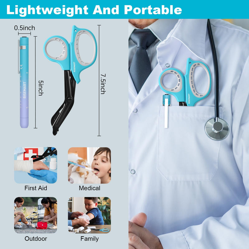 RISEMART Rechargeable Pen Light for Nurses with Trauma Shear, Nurse Scissors and Pen Light Set, 7.5" Medical Scissor and 2 LED Sources Penlight, Nursing Student Essentials (Blue+Blue) Blue+Blue