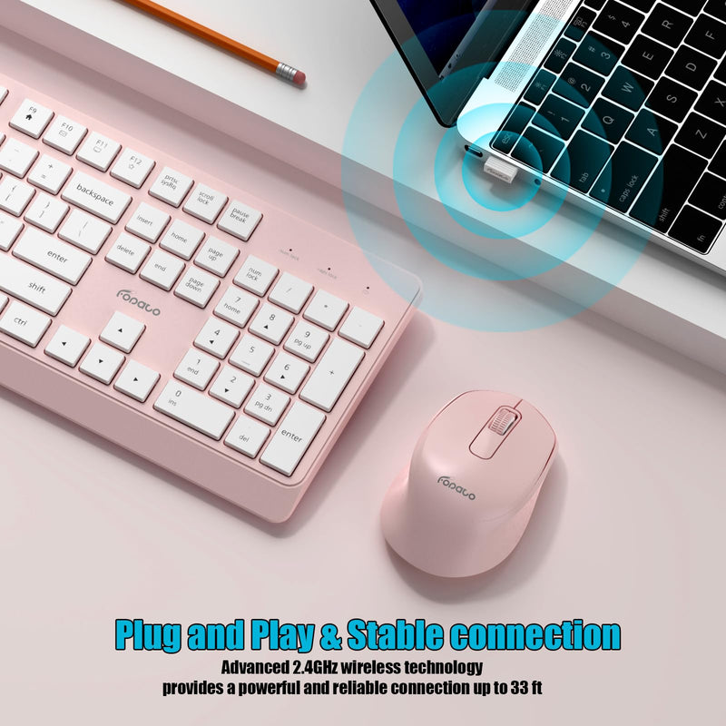 Wireless Keyboard and Mouse Combo Quiet for PC, Laptop and Mac - Pink | Single USB Receiver, Full Size with Number Pad, Silent, Low-Profile, Light Weight, Works with Windows & Mac for Home & Office