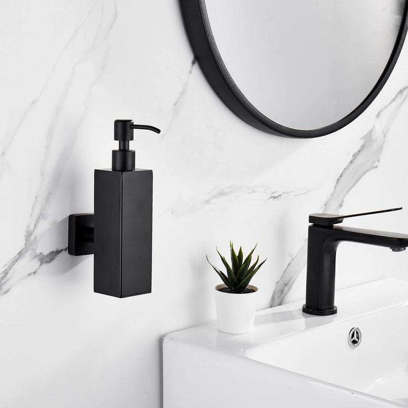 BATHSIR Matte Black Soap Dispenser, Refillable Shower Soap Dispenser Wall Mounted, Stainless Steel Clear Hand Soap Dispenser with Pump for Bathroom Kitchen Sink Dish (Square 200ML) square