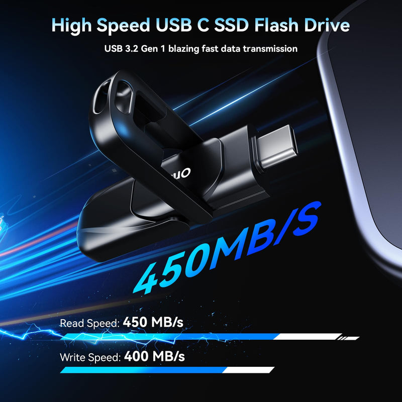 Orlian 128GB USB C Flash Drive USB 3.2 Gen 1 SSD Thumb Drive 450MB/s | Dual USB-C & USB-A, Solid State Storage, Metal Design, Compatible with iPhone 15/16/17, Android, Laptop & PC