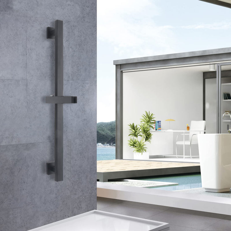 Bathroom Shower Slide Bar, Adjustable Handheld Shower Holder Wall Mount Shower Bar Stainless Steel, Matte Black Square Slide Bar