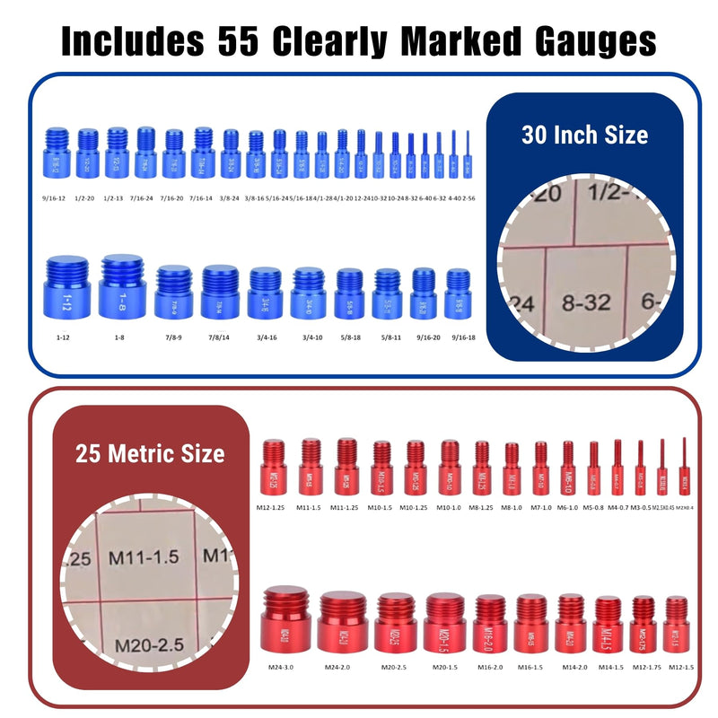 55PCS Nut and Bolt Thread Checker, 30 SAE & 25 Metric Box Kit Thread Gauge with M11 Sizes, Bolt Size Finder, Aluminum Screw Size and Bolt Gauge Identifier Set 55PCS