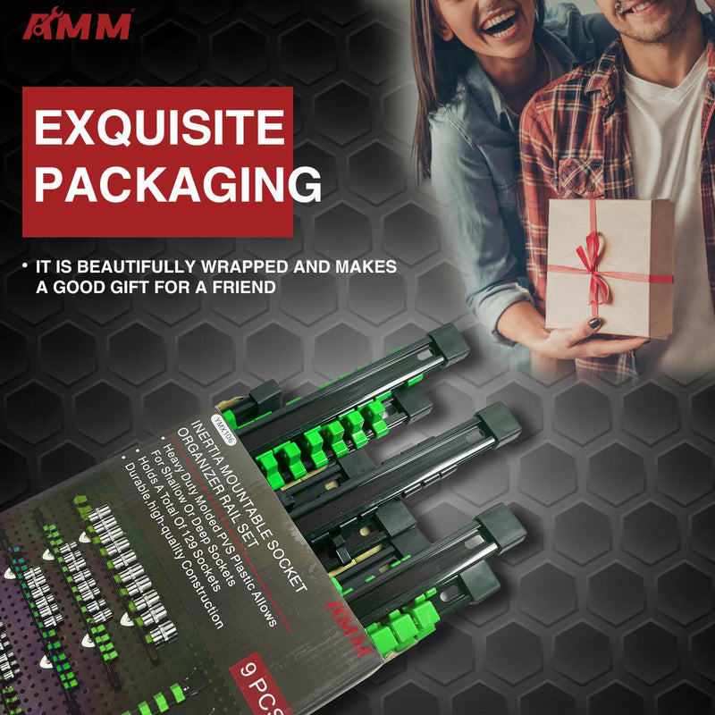 AMM 9-Piece Socket Organizer, 1/2 inch, 3/8 inch and 1/4 inch Drive ABS Tools-Green Socket Holder,Heavy Duty Socket Racks, Premium Quality Socket Clip Rail Holder,The Best Tool Trays in The Garage 9PC Green