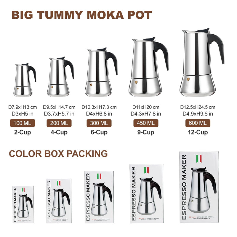 6 Cup Stovetop Espresso Maker Stainless Steel Moka Pot Stove Top Percolator Italian Coffee Makers Capable Mocha Greca Machine Cafe Classic Induction Cookers for Home and Camping 300ml 10oz 6 Cup