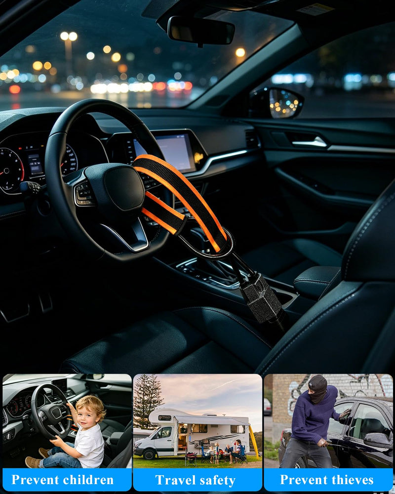 Steering Wheel Lock, Seat Belt Lock, Anti Theft Car Device with 3 Keys | Universal Car Lock with Waterproof Reflective Strip, Max 17 Inch Length for Vehicle, Truck,SUV,Golf Cart, RV and Van (Yellow) Orange-Metal Shell