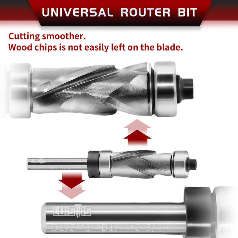 1/2 Inch Compression Flush Trim Router Bit, 1/4 Shank Top and Bottom Bearings Carbide Blade for Woodworking Trimming, Flush Cut Router Bit for Template and Pattern Work 1/2 inch router bit