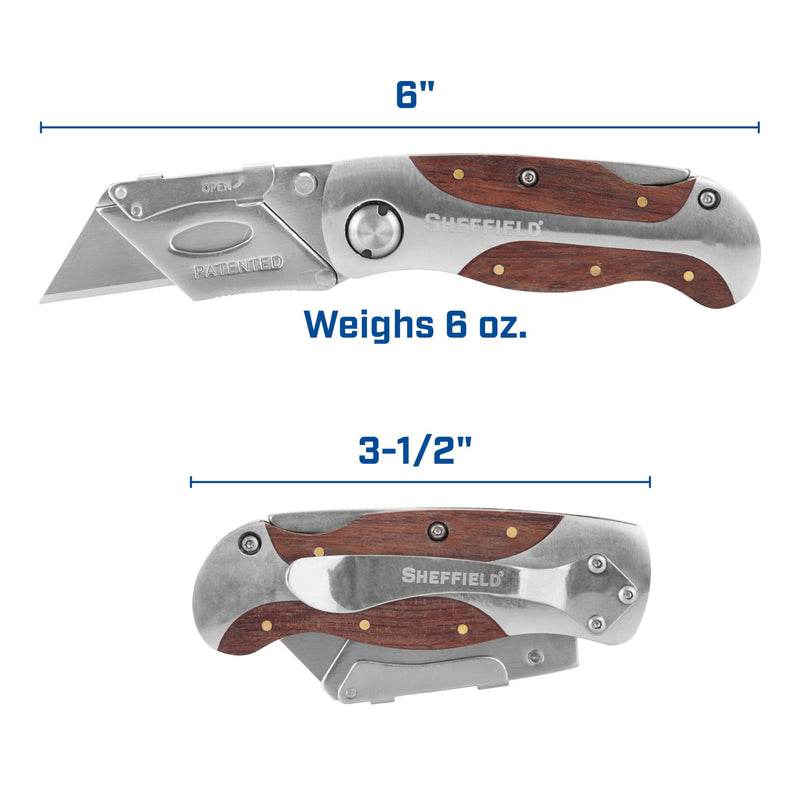 Sheffield 12525 Premium Lock Back Utility Knife 2 Pack, Gifts for Men, Dad Gifts, Box Cutter Knife, Carpet Knife, Drywall Cutter, Quick Change Blade, Aluminum and Wood Handle 2-Pack