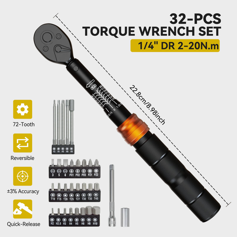 32-Pc Bike Torque Wrench Set, 1/4-Inch Dr. Click Torque Wrench and Bit Kit, 2-20 Nm Micro Adjustment, 72-Tooth Ratchet Head, Portable Round Pouch 32-Piece