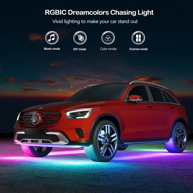 Underglow Car Lights, 4 pcs RGB-IC Smart LED Lights with APP and Remote Control, 16 Million Colors DIY Sound Active Function Music Mode, Underglow Kit for Car, SUVs, Trucks (Dream Color) Dream Color
