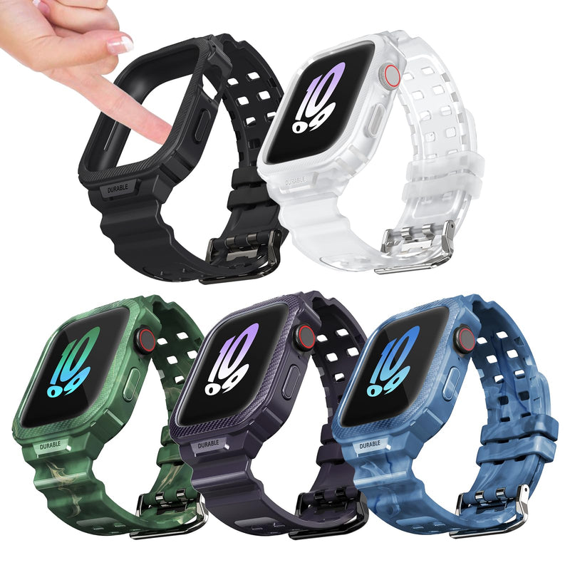 HALLEAST 5 Pack Compatible with for Apple Watch Case with Band 44/45mm Black+DeepPurple+CamoBlue+CamoGreen+Translucence