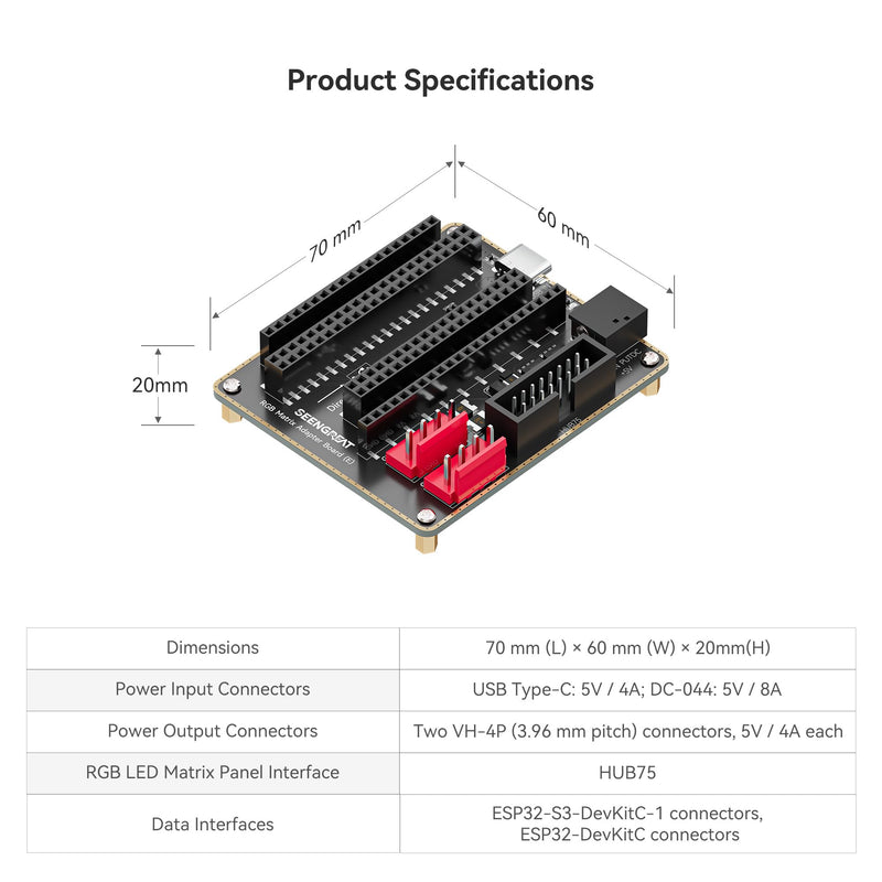 RGB Matrix Adapter for ESP32-DevKitC, HUB75 5V | Gold-plated edge, dual 5V power inputs (Type-C/DC-044), dual VH-4P outputs, HUB75 interface, ESD protection