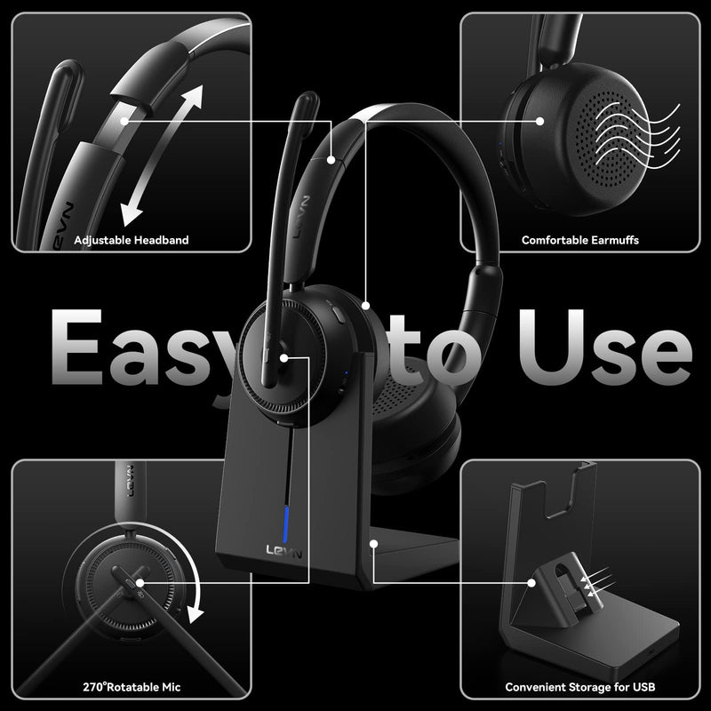 Wireless Headset with Mic for Work, Bluetooth Headset with Microphone AI Noise Cancelling & Mute Button, Wireless Headphones with Mic for Work/Home/Office/Call Center/PC/Laptop/Computer/Teams/Zoom Black