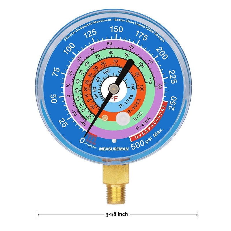 Measureman Refrigeration Pressure Gauge Kit, 3-1/8" Dial, Blue Dial & Red Dial, 1/8" NPT Lower Mount, 30inHg-0-250psi, 250-500psi & 0-800psi 3-1/8" Dial (Red & Blue Kit)
