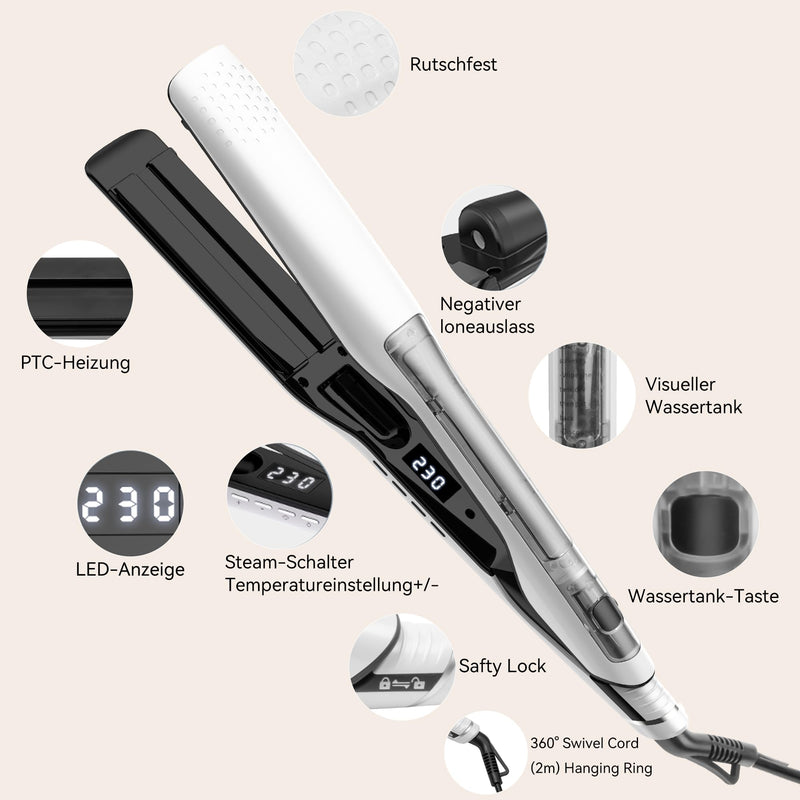 UKLISS Steam Hair Straightener for Women, Professional Hair Straighteners with LCD Display & Safty Lock, 40MM Wide Plate Flat Iron, Hair Straighten & Smooth 2 in 1, Salon Hair Care Effect, 100-230℃ White